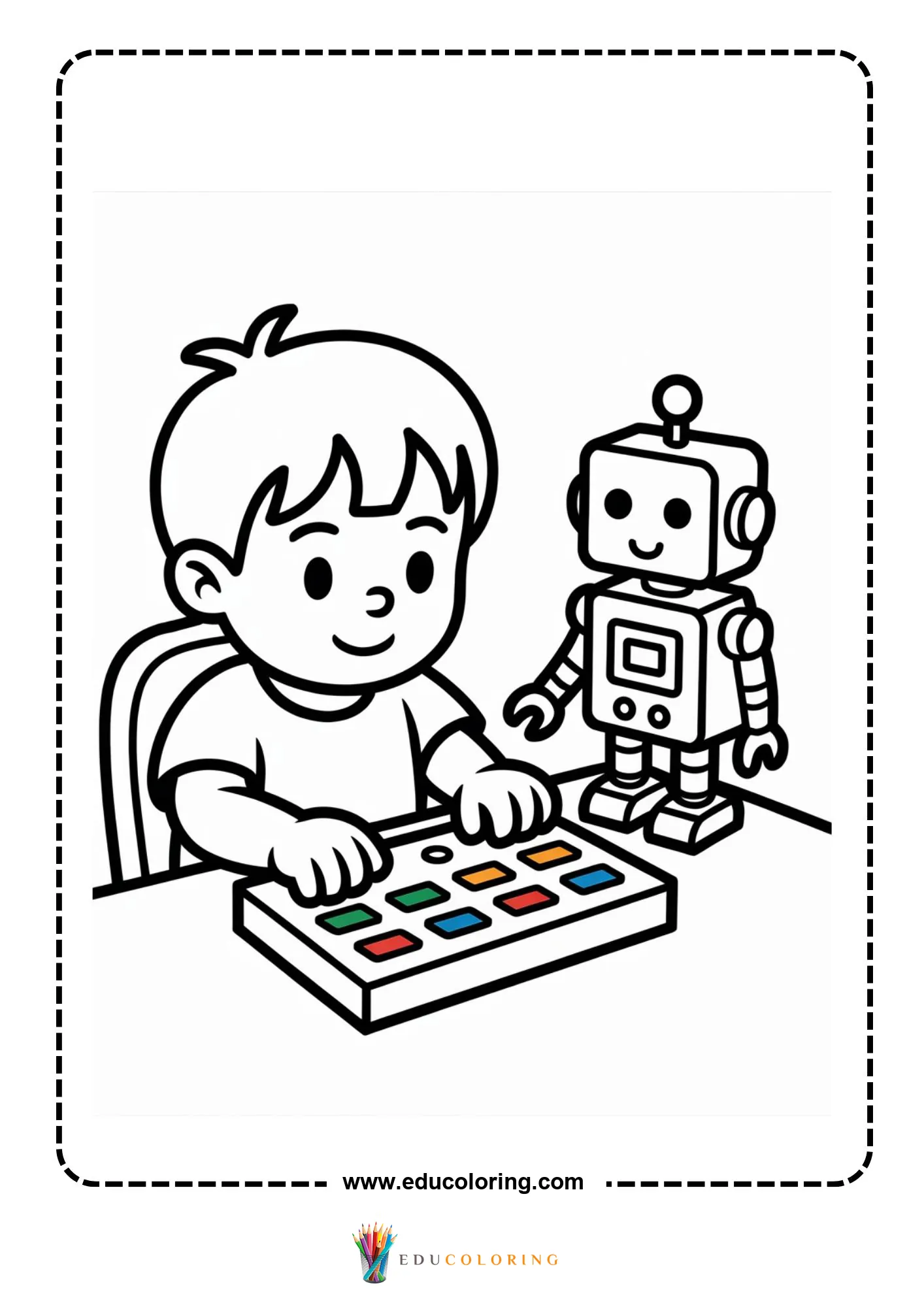 Robot coloring page with child using a control panel beside a small robot