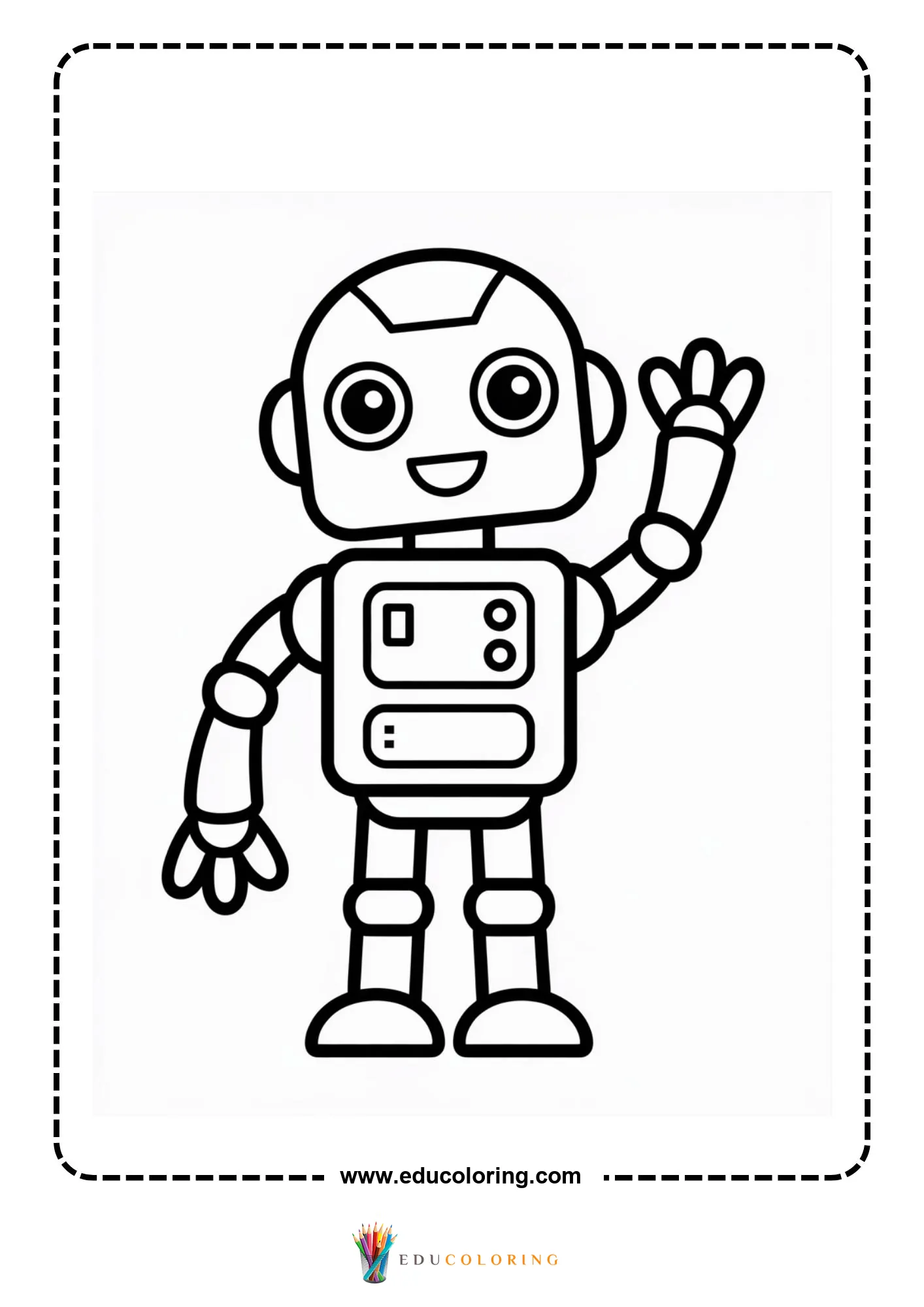 Robot coloring page with smiling child and robot companion