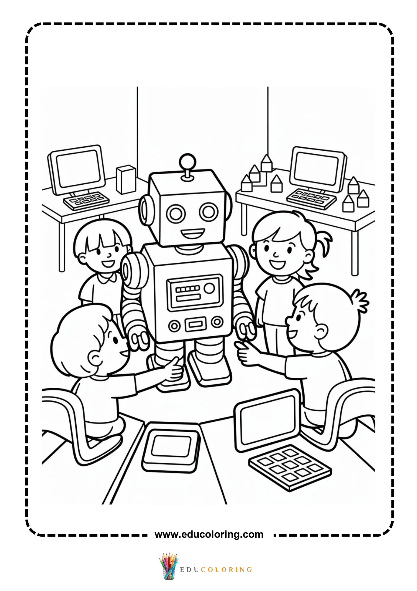 Technology coloring page with children gathered around a robot