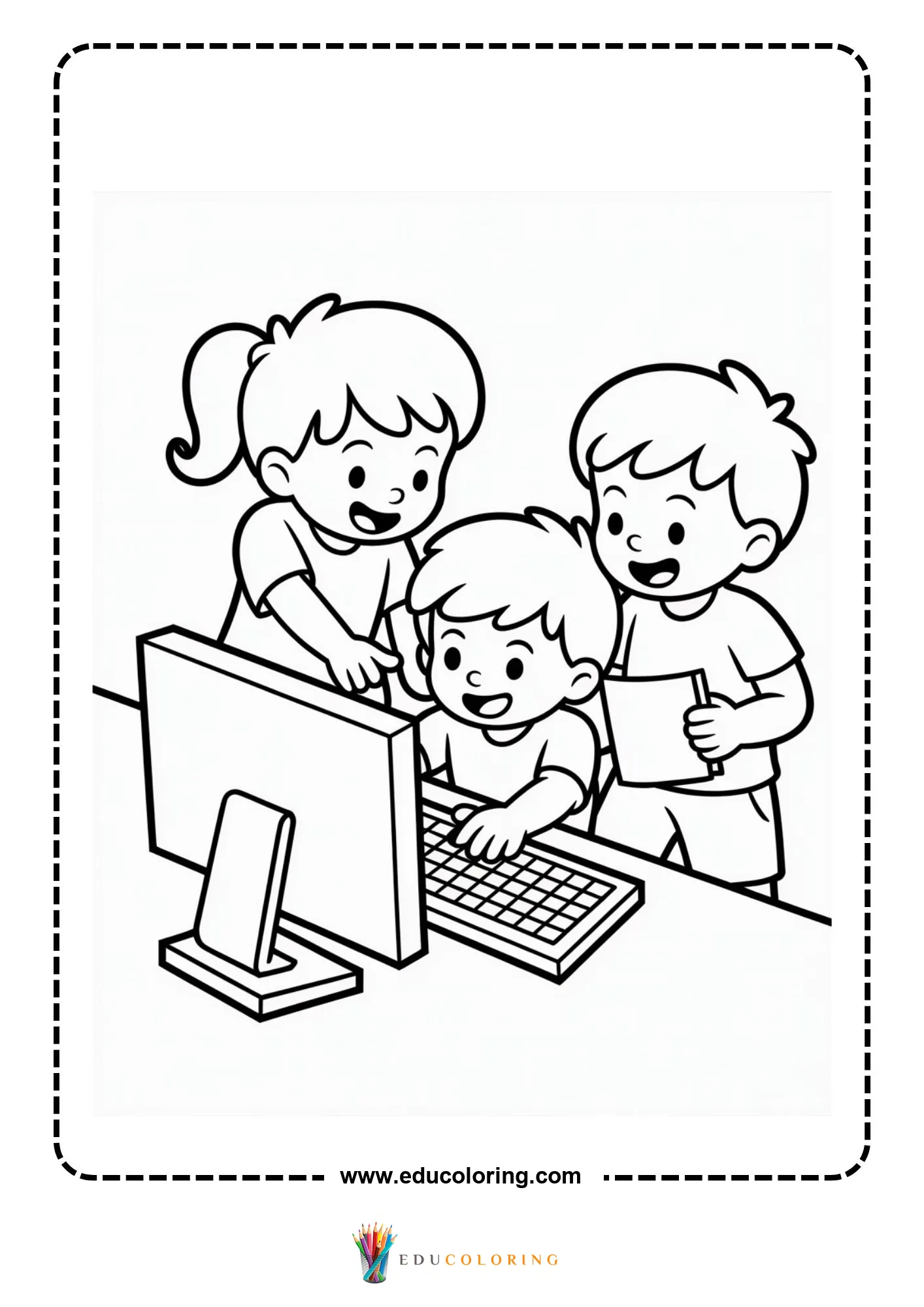 Technology coloring page with children using a computer