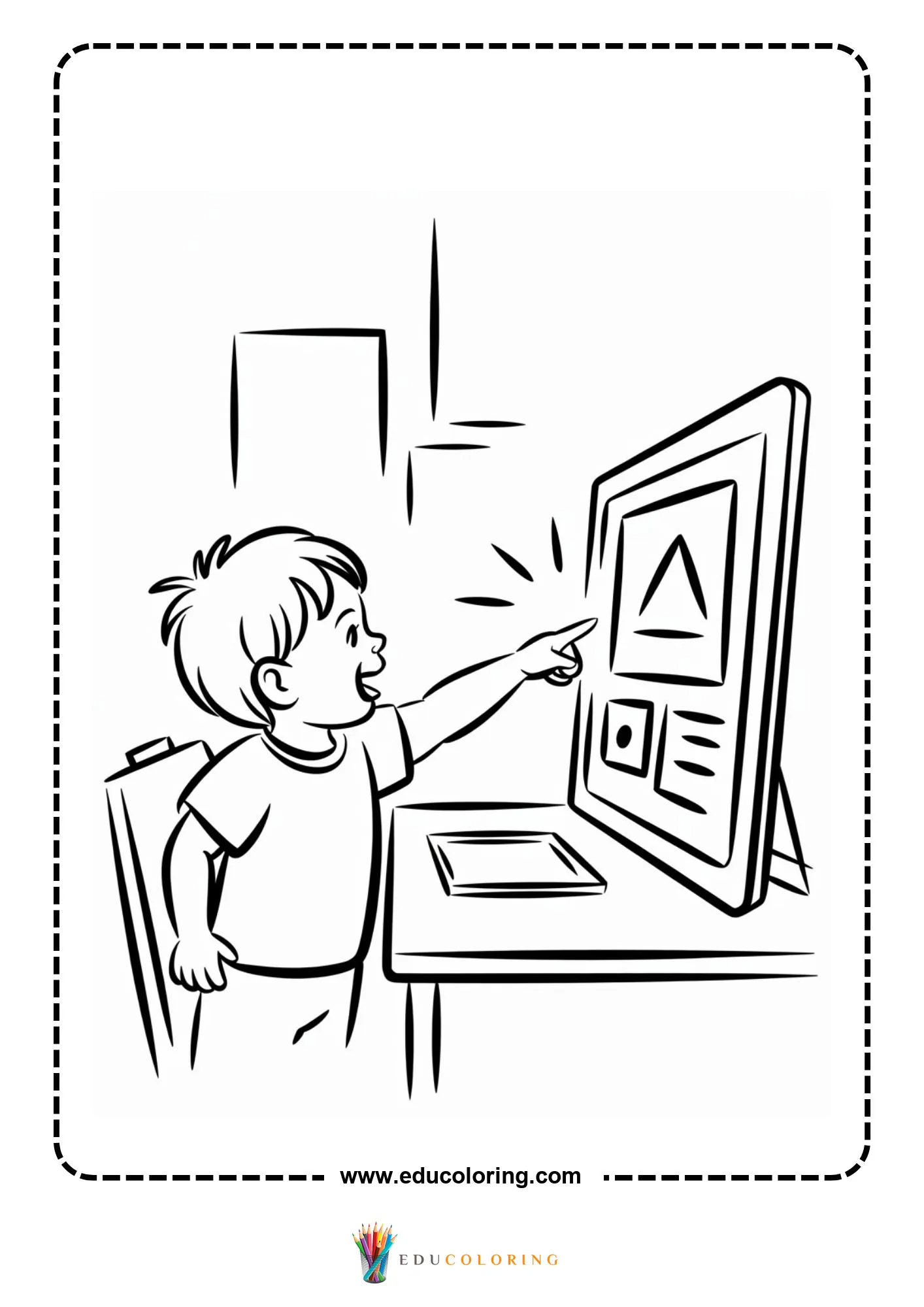 Technology coloring page with coding blocks on a screen