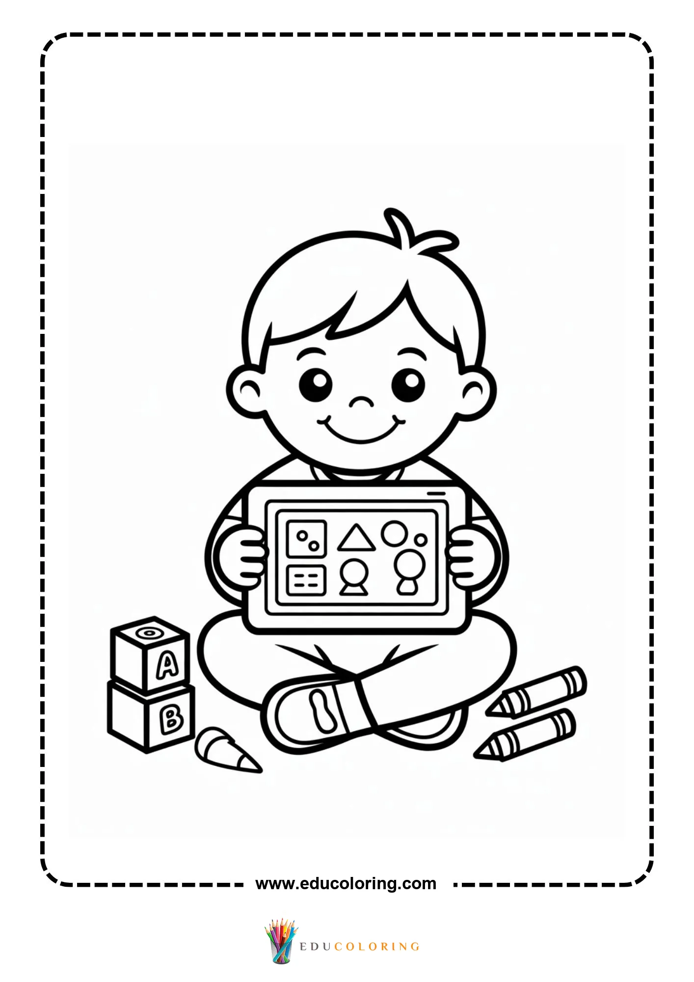 Technology coloring page with tablet and stylus