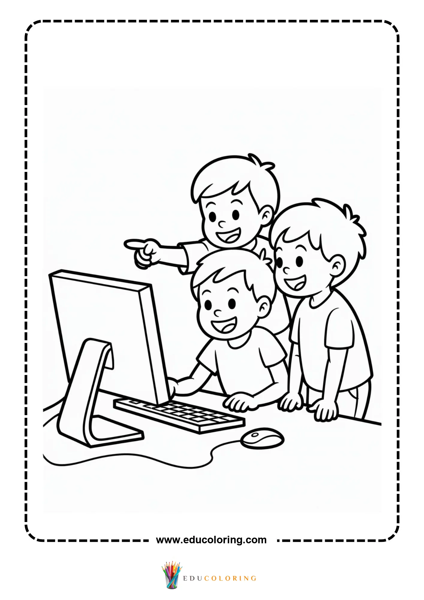 Technology coloring page with kids exploring robotics
