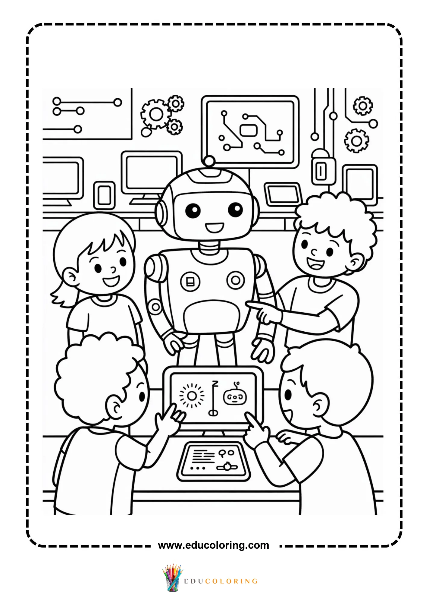 Technology coloring page with robot and control buttons