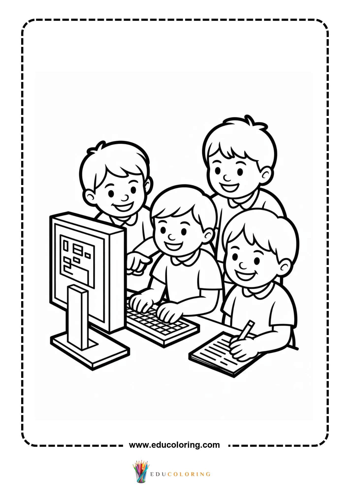 Technology coloring page with desktop computer setup