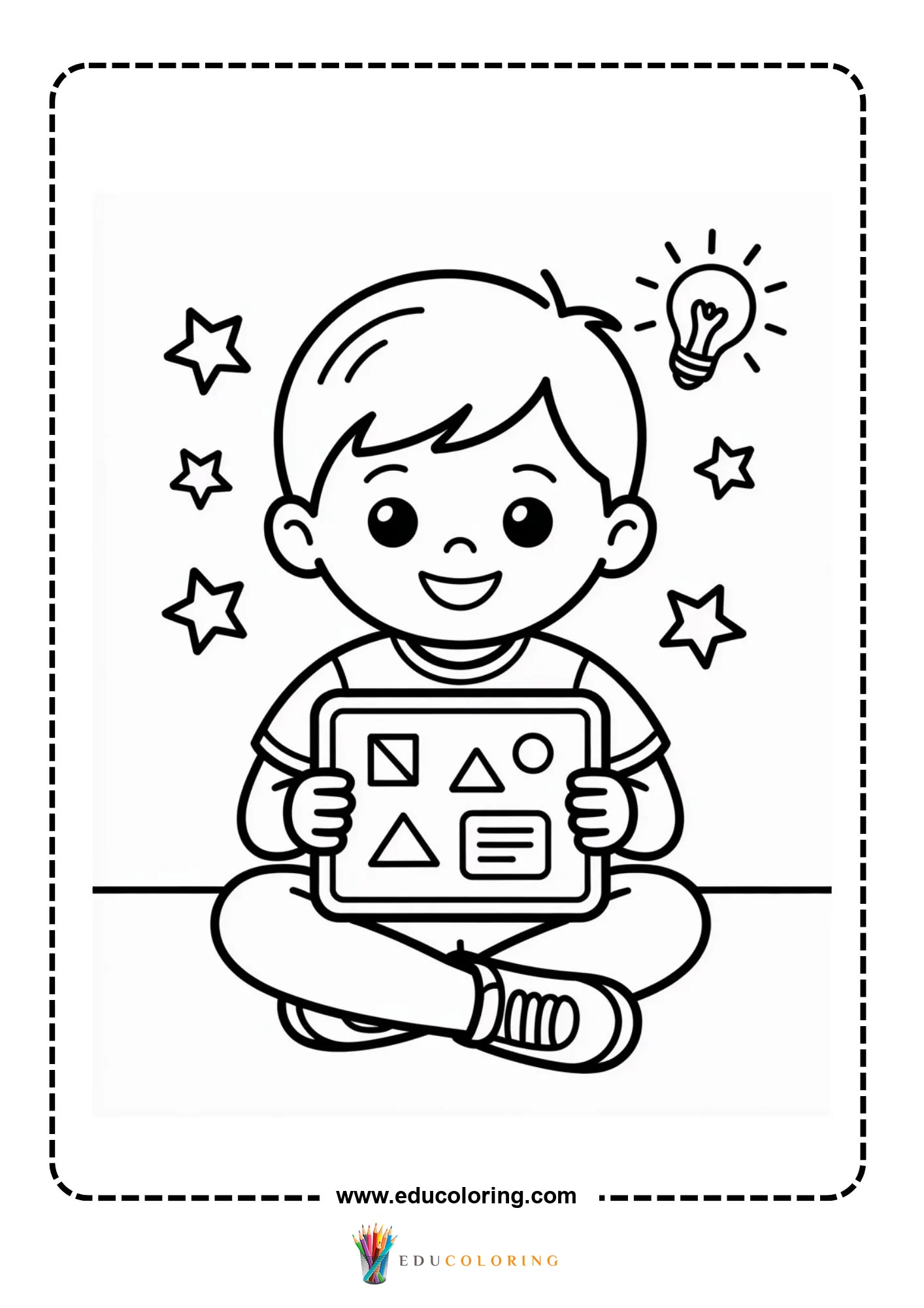 Technology coloring page with children learning on computers