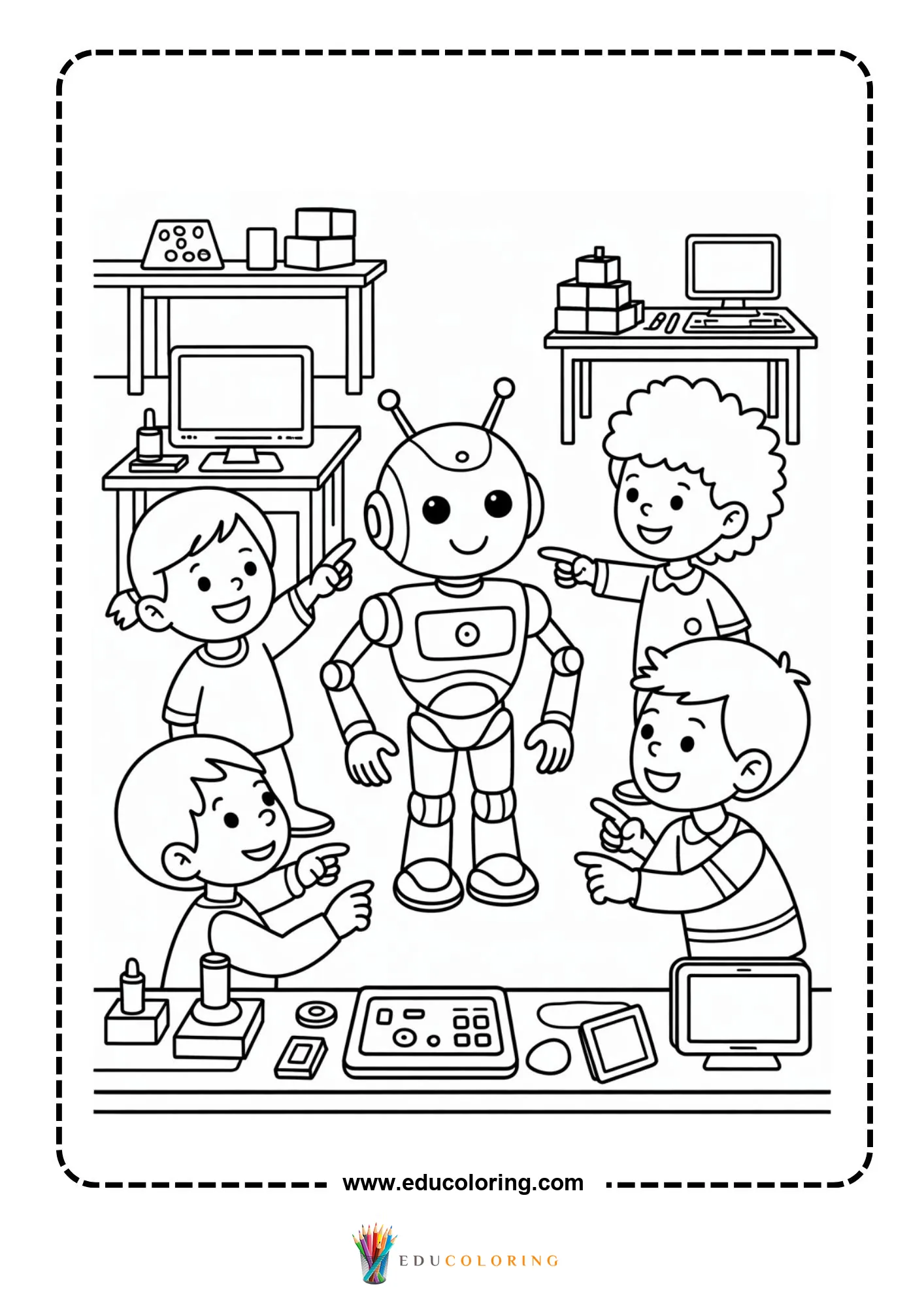 Technology coloring page with smartphone and app icons